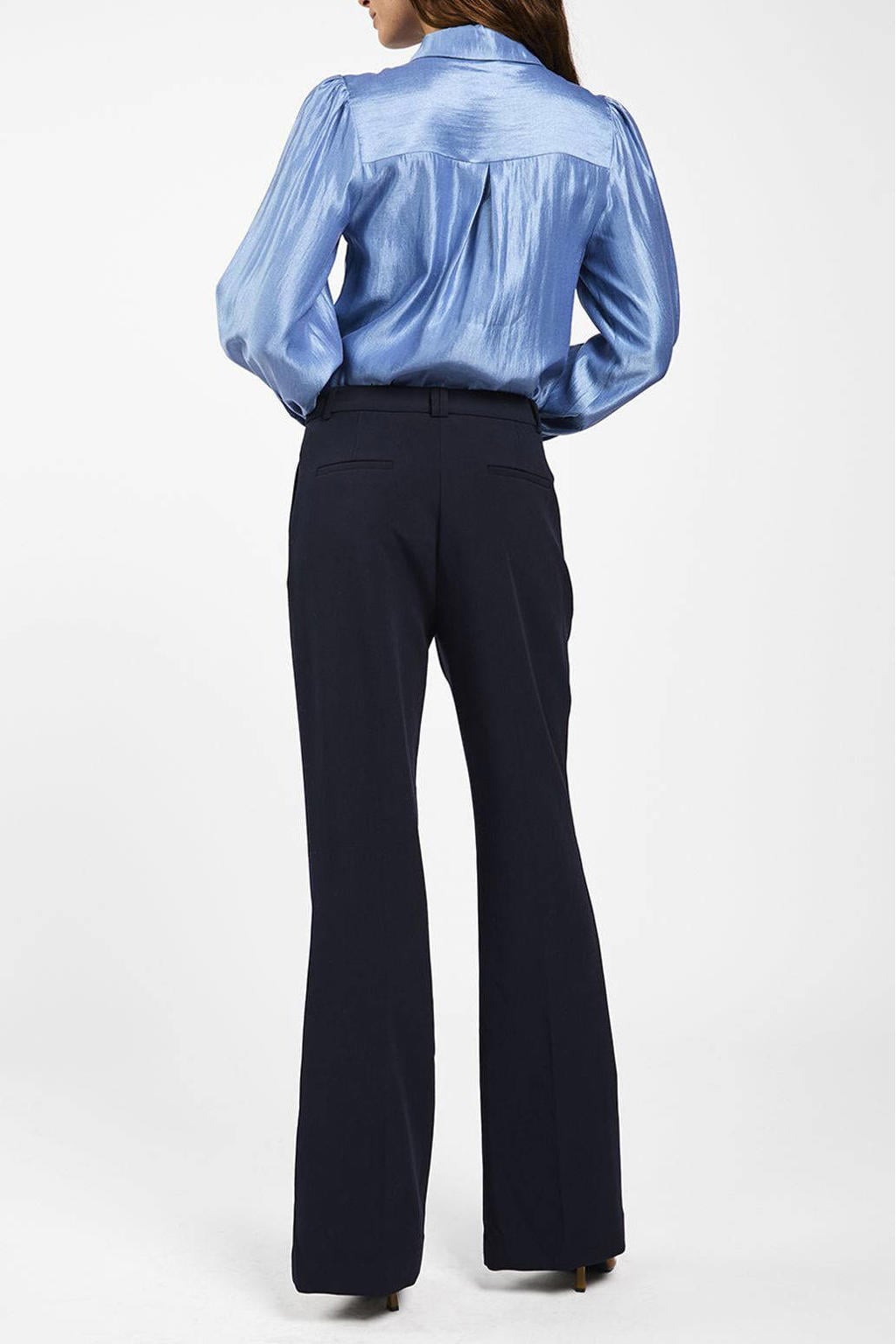 Blauwe dames Aaiko satijnen blouse met effen, lange mouwen, klassieke kraag en knoopsluiting