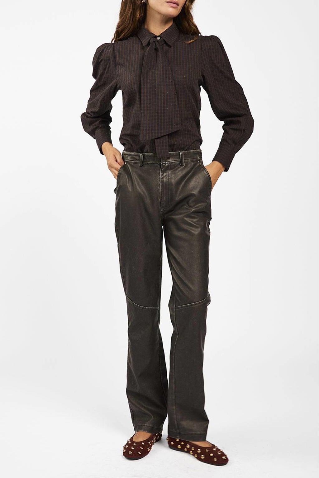 Donkerblauwe dames Aaiko blouse van katoen met ruitenprint, lange mouwen, klassieke kraag, knoopsluiting en glitters
