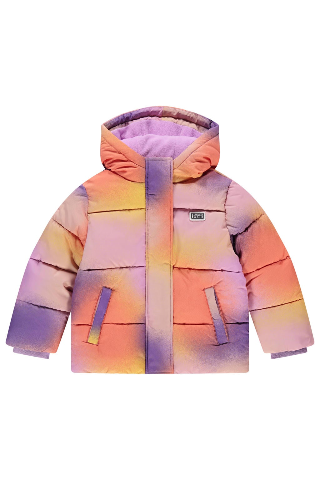 Paars en oranje meisjes Stains&Stories gewatteerde jas van polyester met meerkleurige print, lange mouwen, capuchon en rits- en drukknoopsluiting