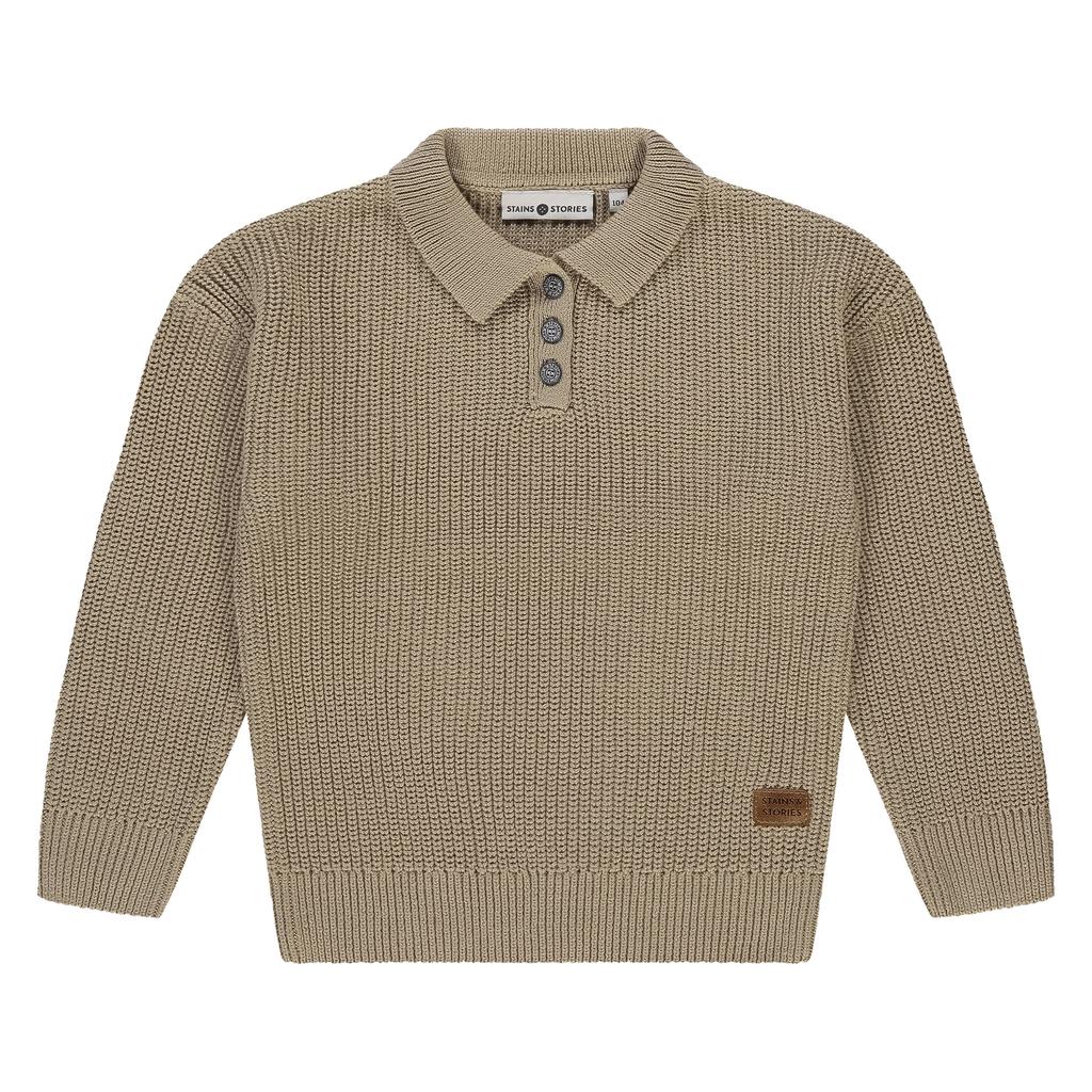 Beige jongens Stains&Stories trui grof gebreid van katoen met effen, lange mouwen, klassieke kraag en knoopsluiting