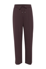 thumbnail: Roodbruine dames Kaffe slim regular waist broek bruin van polyester met elastische tailleband met koord en effen