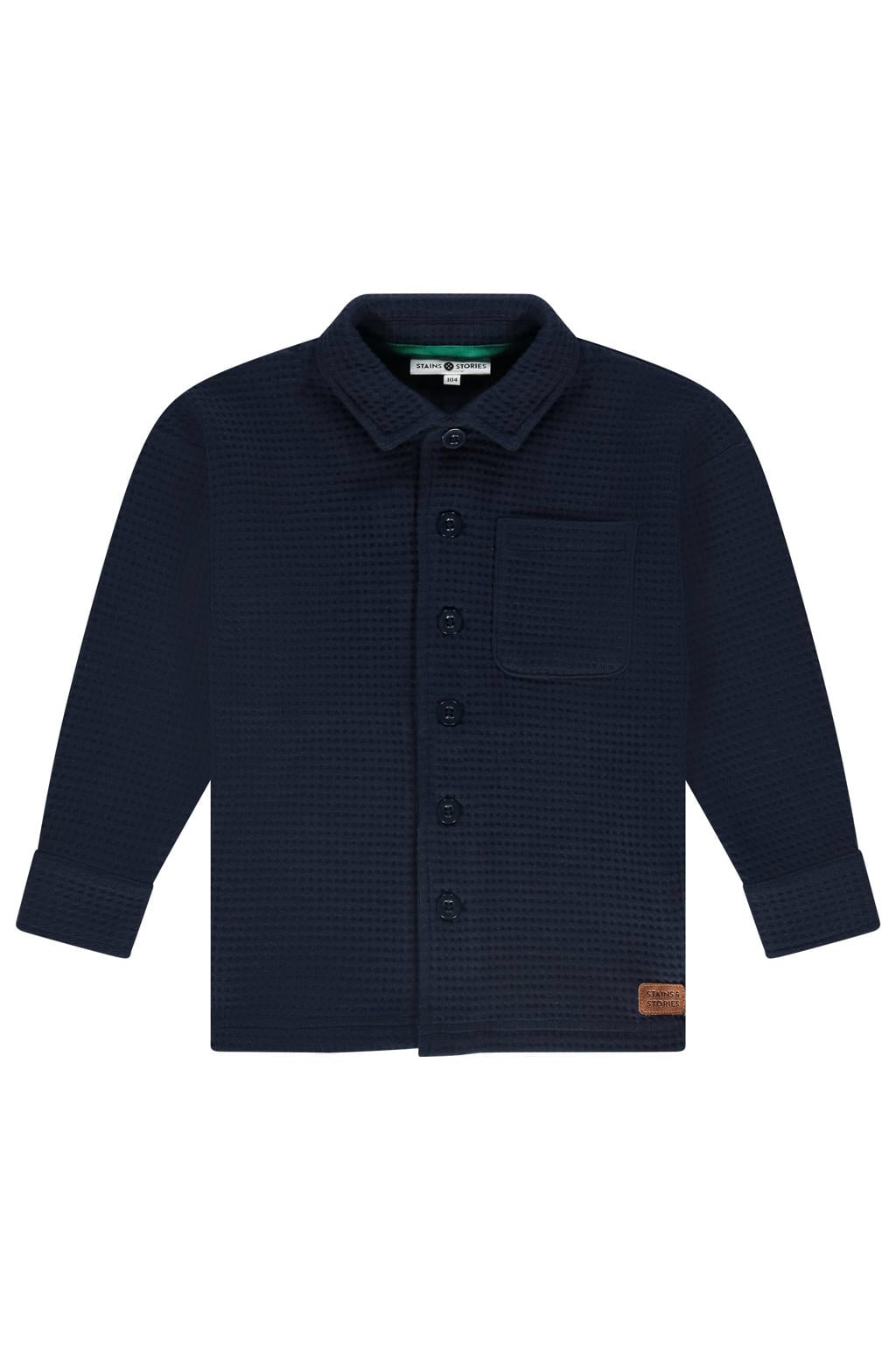 Donkerblauwe jongens Stains&Stories overhemd van polyester met effen, lange mouwen, klassieke kraag, knoopsluiting en geweven detail