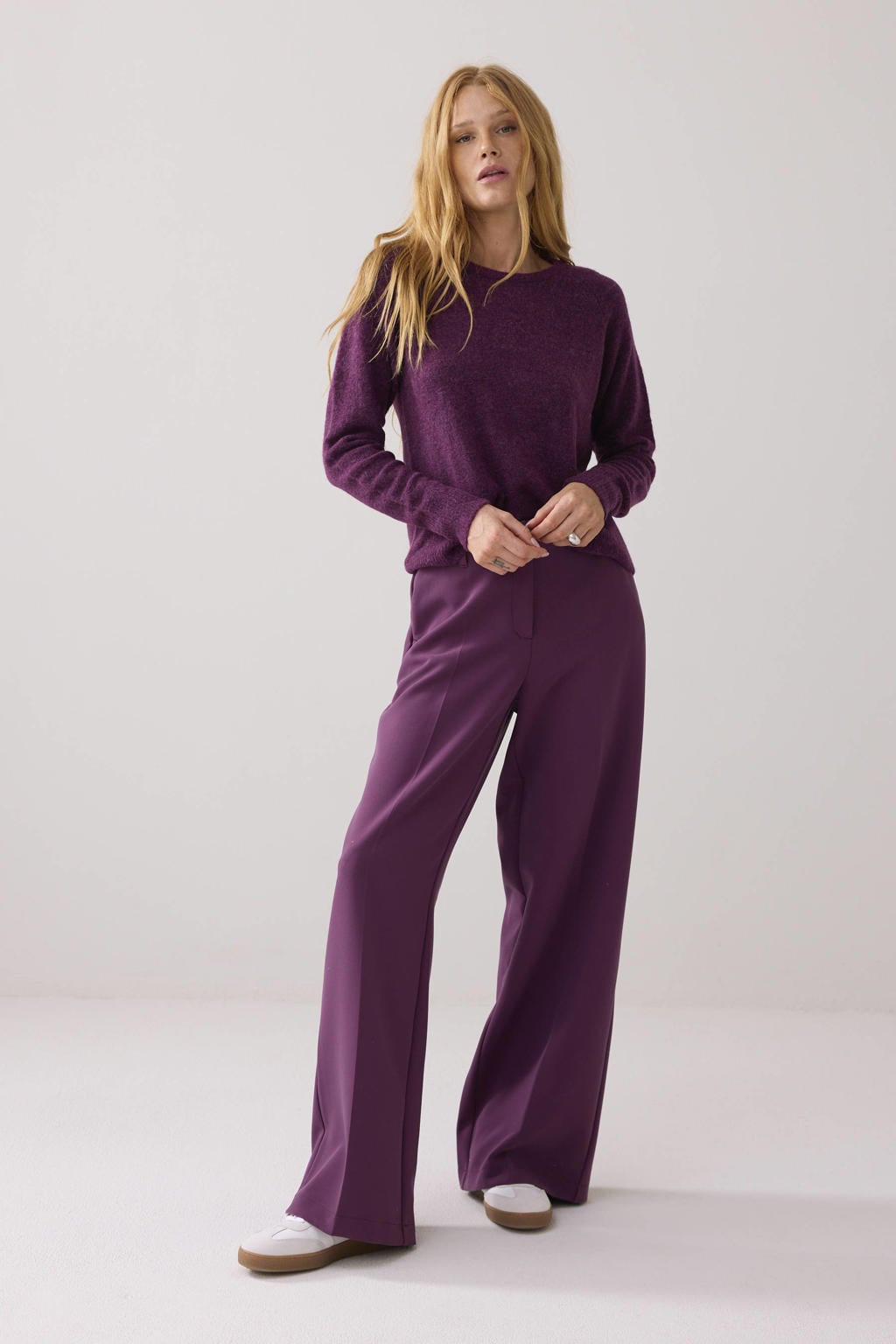 Donkerpaarse dames Summum wide leg regular waist pantalon met rits- en knoopsluiting en effen