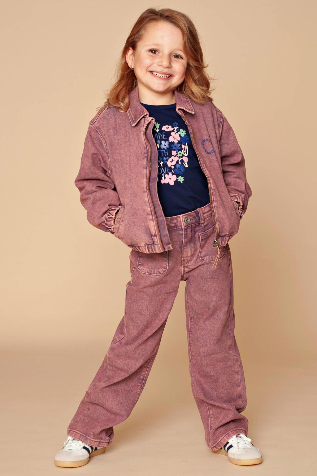 Paarse meisjes Stains&Stories wide leg jeans van denim met rits- en haaksluiting en effen