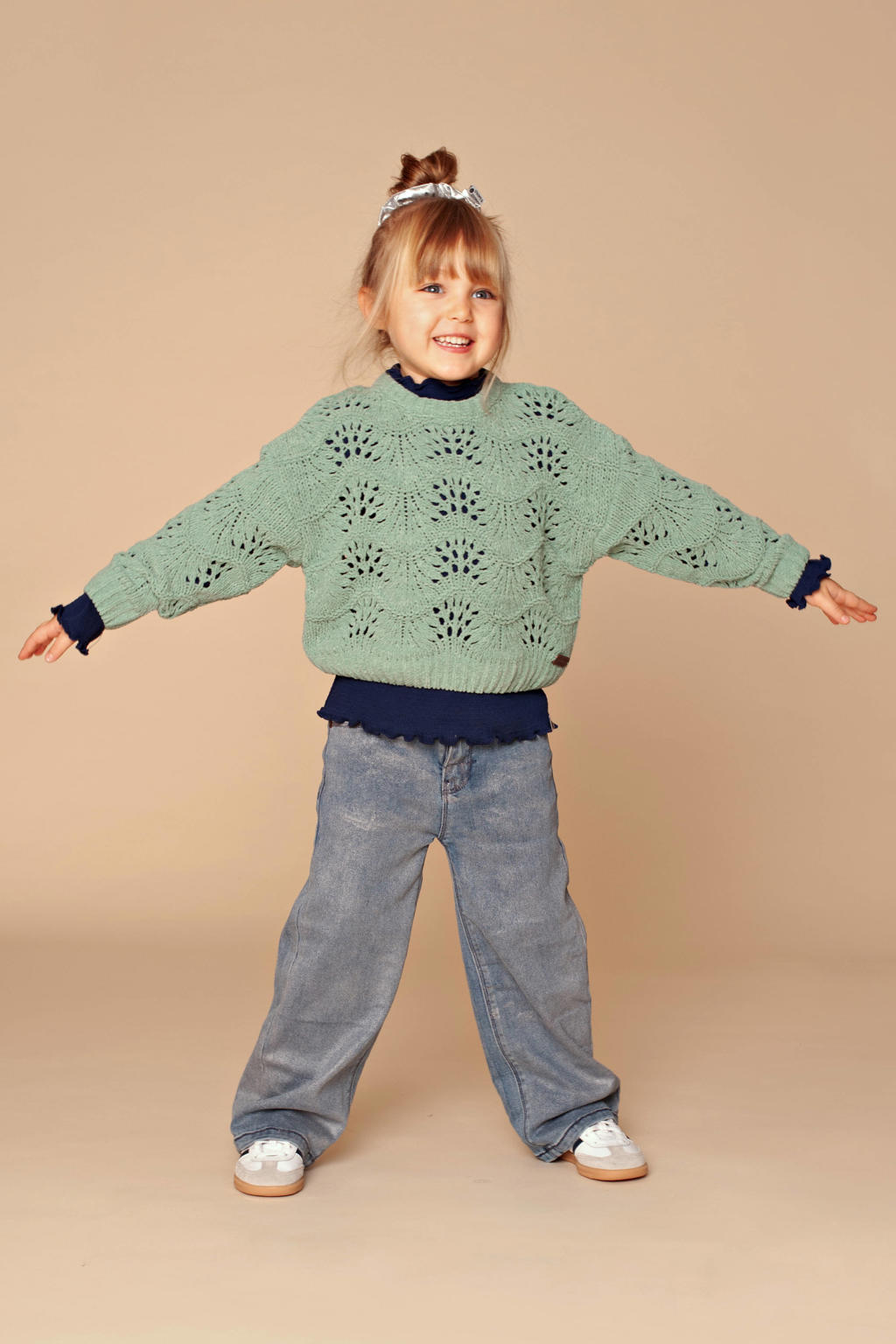 Zilverkleurige meisjes Stains&Stories loose fit jeans van denim met regular waist en effen