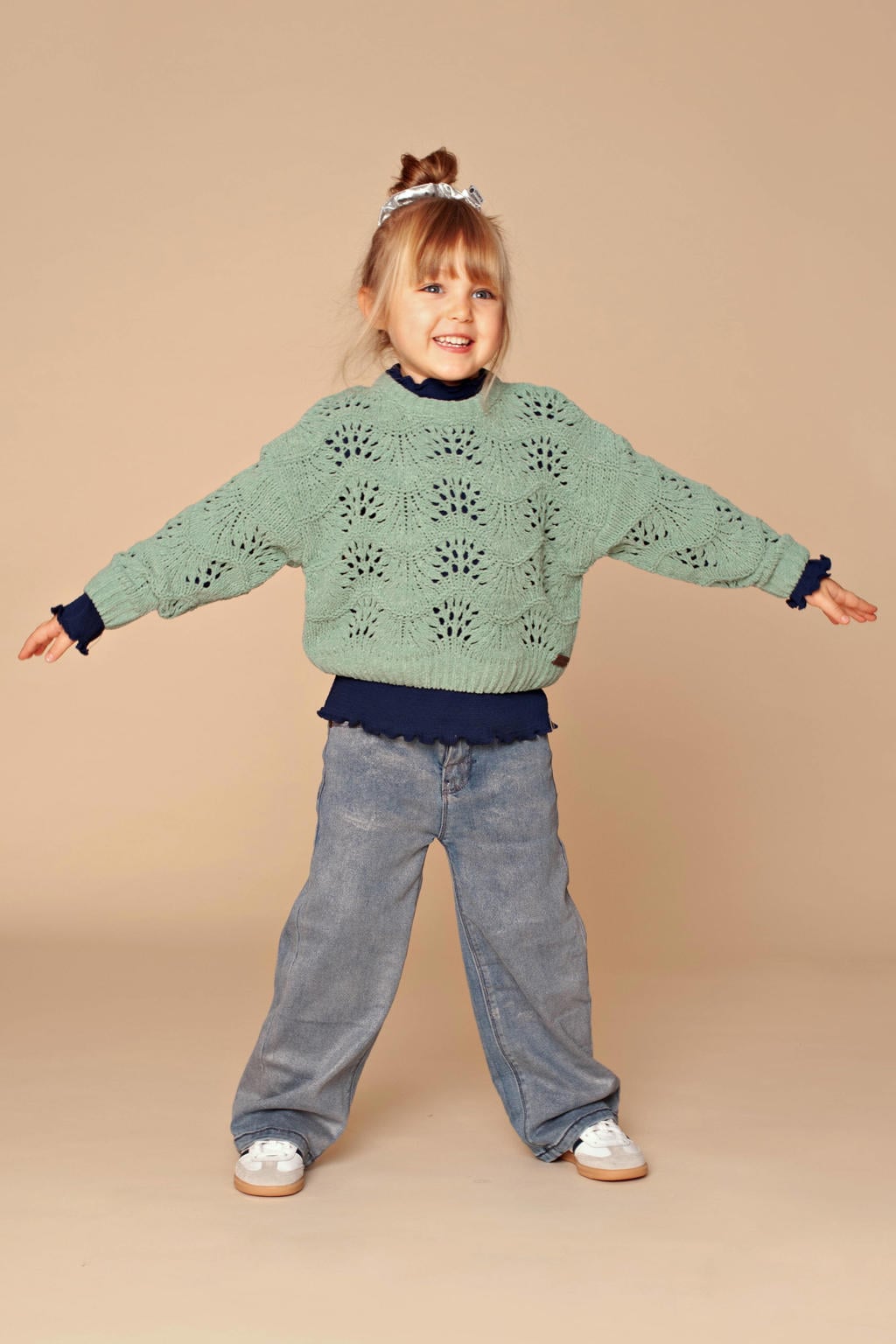 Blauwe meisjes Stains&Stories longsleeve van stretchkatoen met effen, lange mouwen, ronde hals en ruches