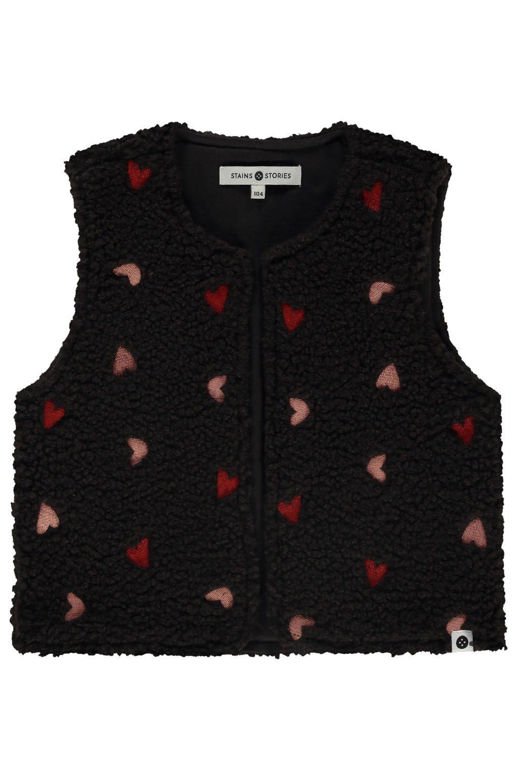 Zwarte meisjes Stains&Stories teddy gilet met hartjesprint, ronde hals en borduursels