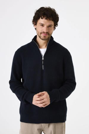 trui met wol rib gebreid donkerblauw