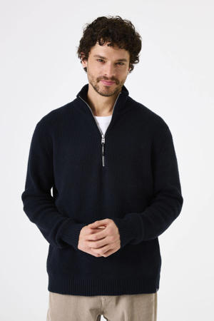 trui met wol rib gebreid donkerblauw