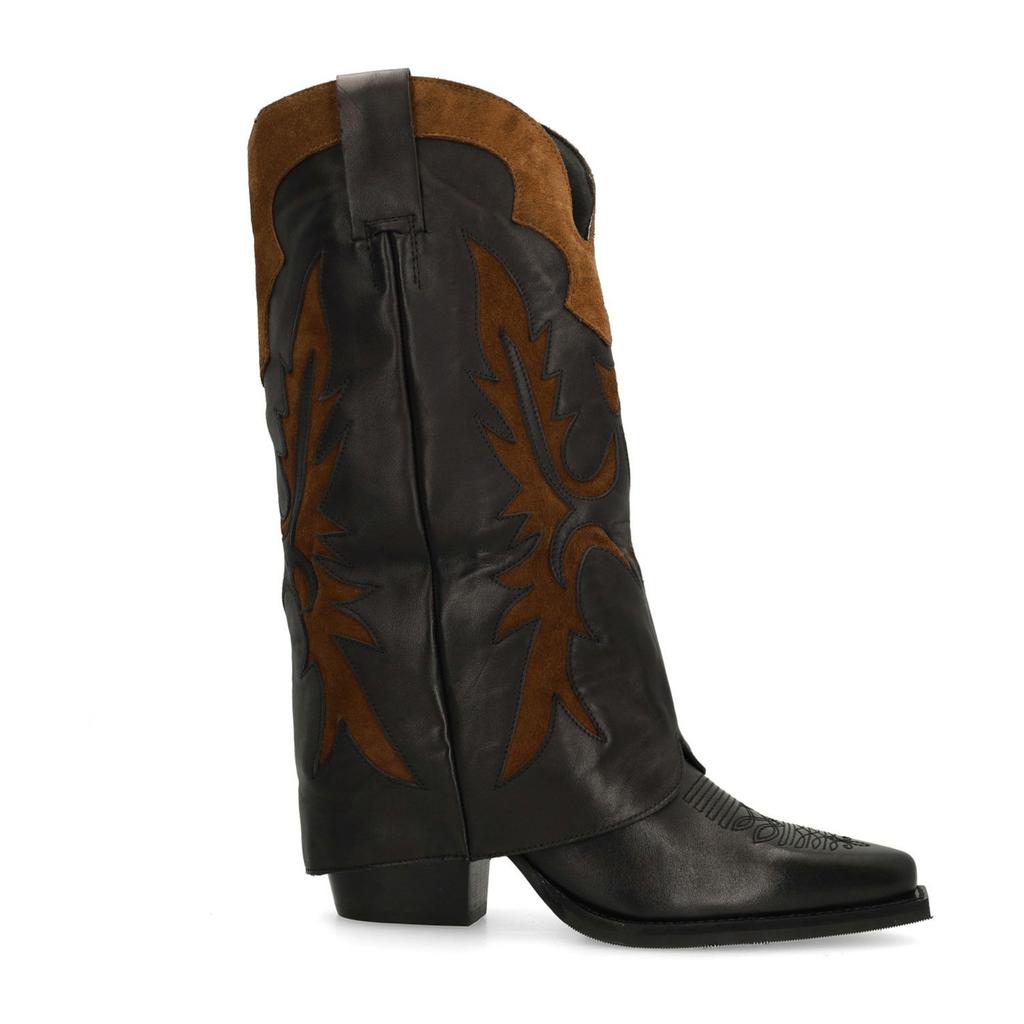 Zwart en cognackleurige dames Sacha leren cowboylaarzen met flap