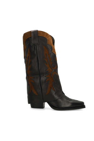 leren cowboylaarzen met flap zwart/cognac