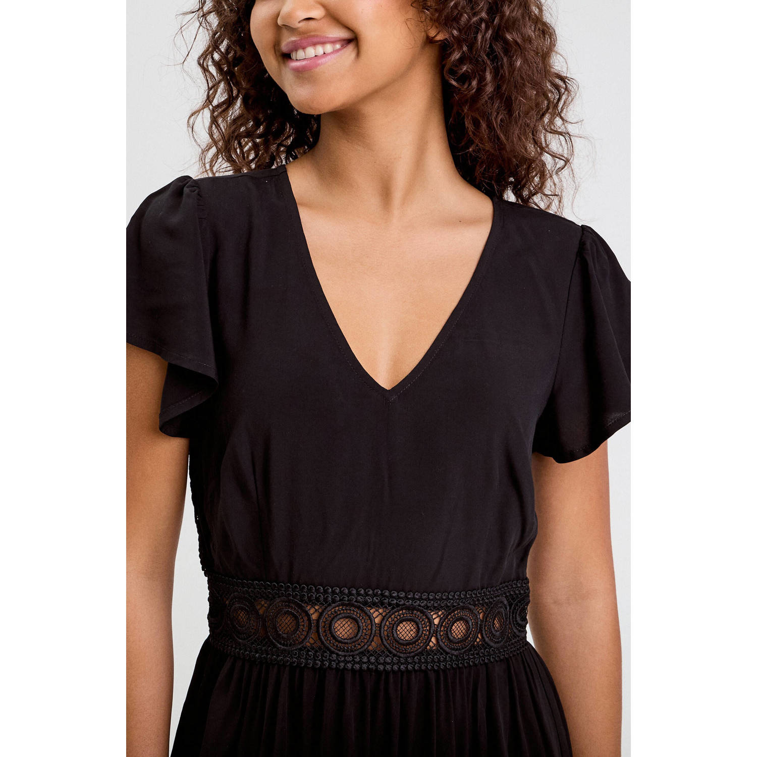 Cache midi jurk broderie zwart