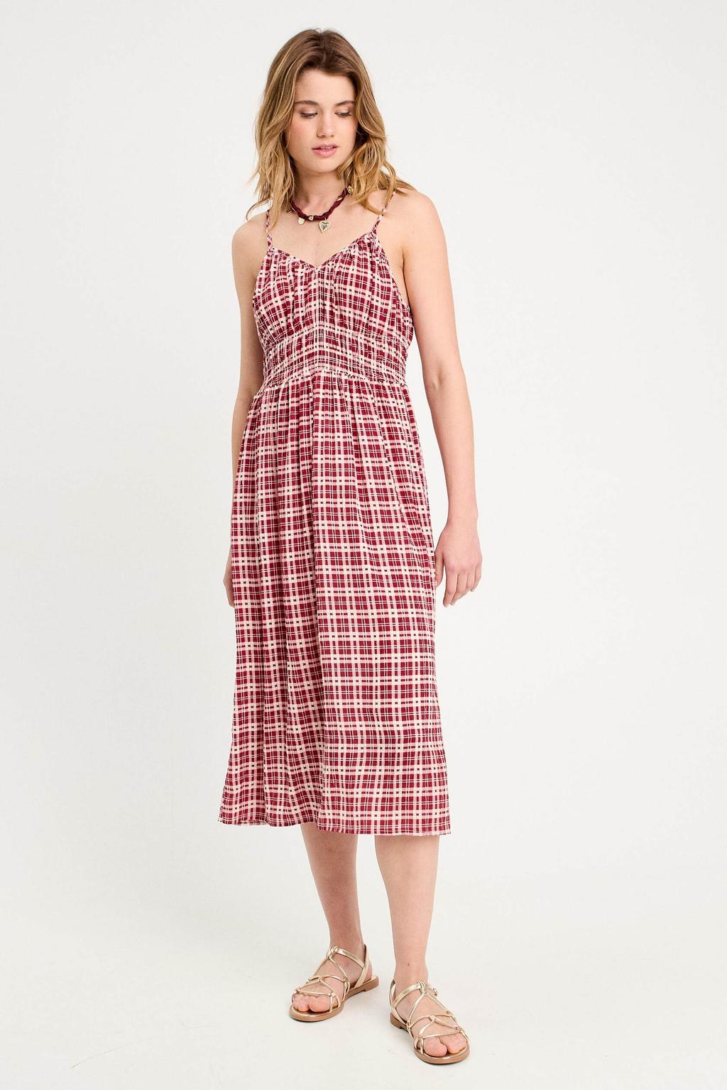 Rood en ecru dames Cache Cache midi jurk van polyester met ruitenprint, spaghettibandjes en V-hals