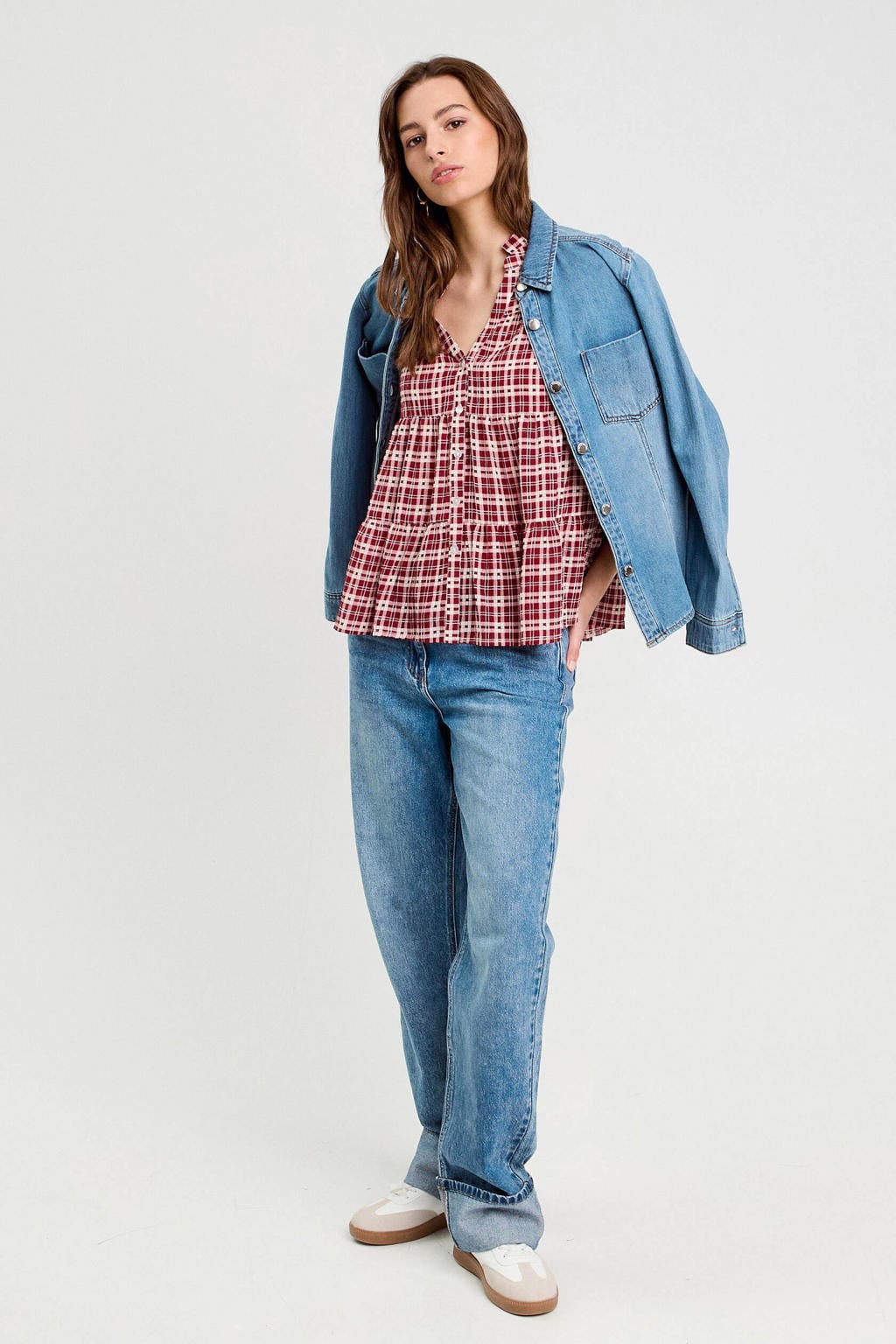 Donkerrood en ecru dames Cache Cache blouse van polyester met effen, half lange mouwen, V-hals en knoopsluiting