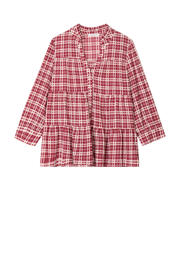 thumbnail: Donkerrood en ecru dames Cache Cache blouse van polyester met effen, half lange mouwen, V-hals en knoopsluiting