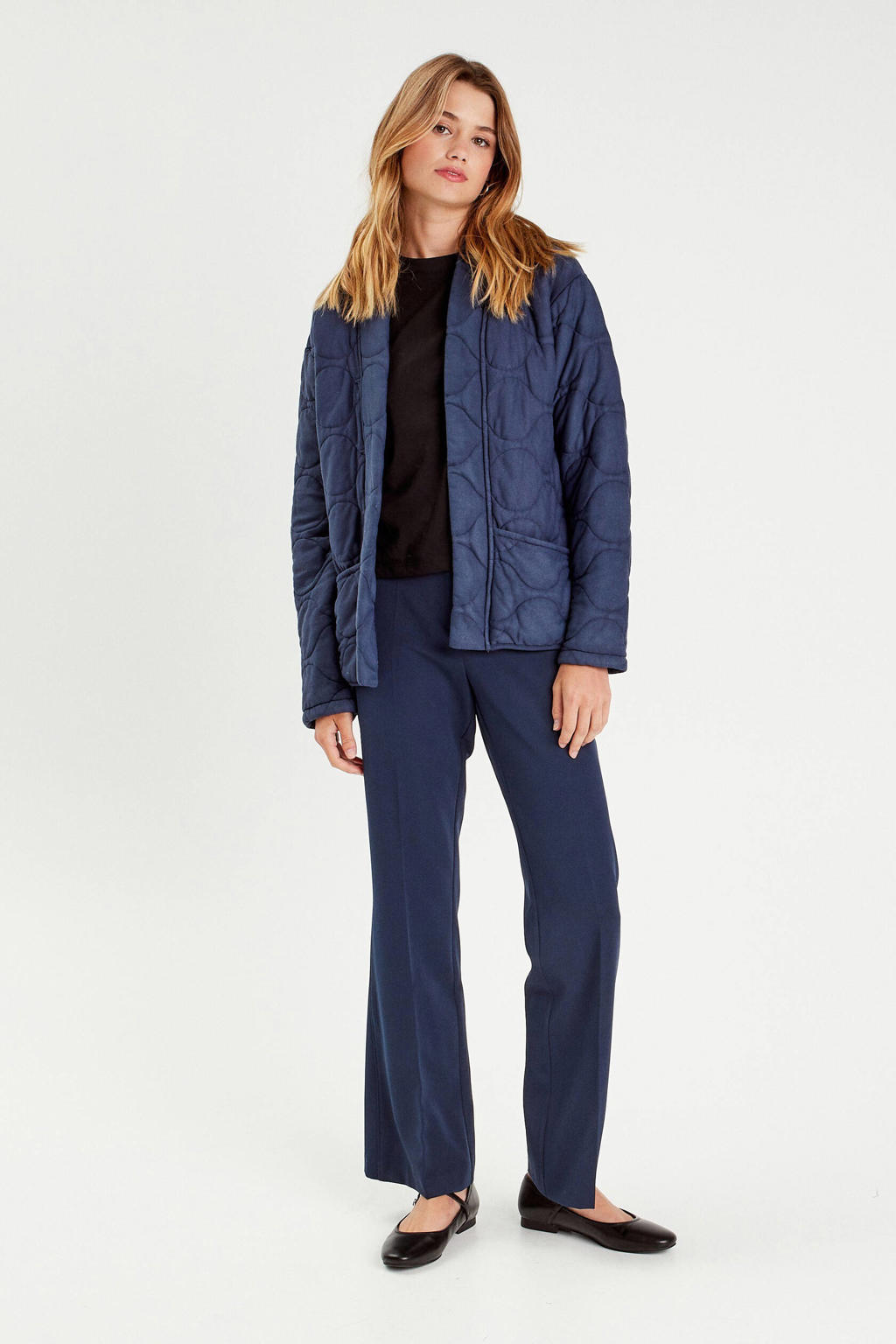 Marineblauw dames Cache Cache flared regular waist pantalon blauw van polyester met rits- en knoopsluiting en effen