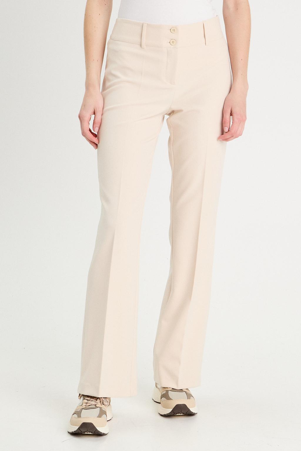 Zandkleurige dames Cache Cache flared regular waist pantalon van polyester met rits- en knoopsluiting en effen