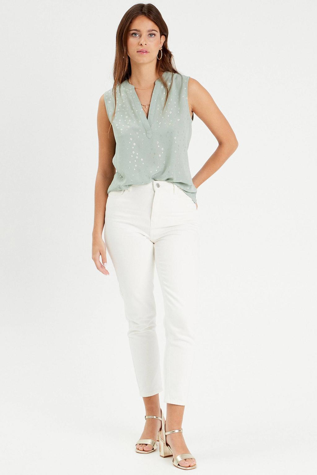 Lichtgroene dames Cache Cache mouwloze top van polyester met ronde hals en glimmend detail