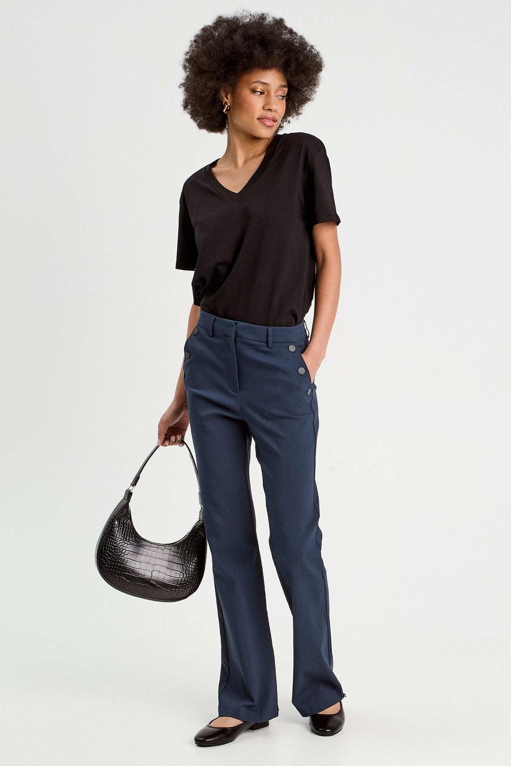 Marineblauw dames Cache Cache bootcut regular waist casual broek blauw van viscose met rits- en knoopsluiting en effen