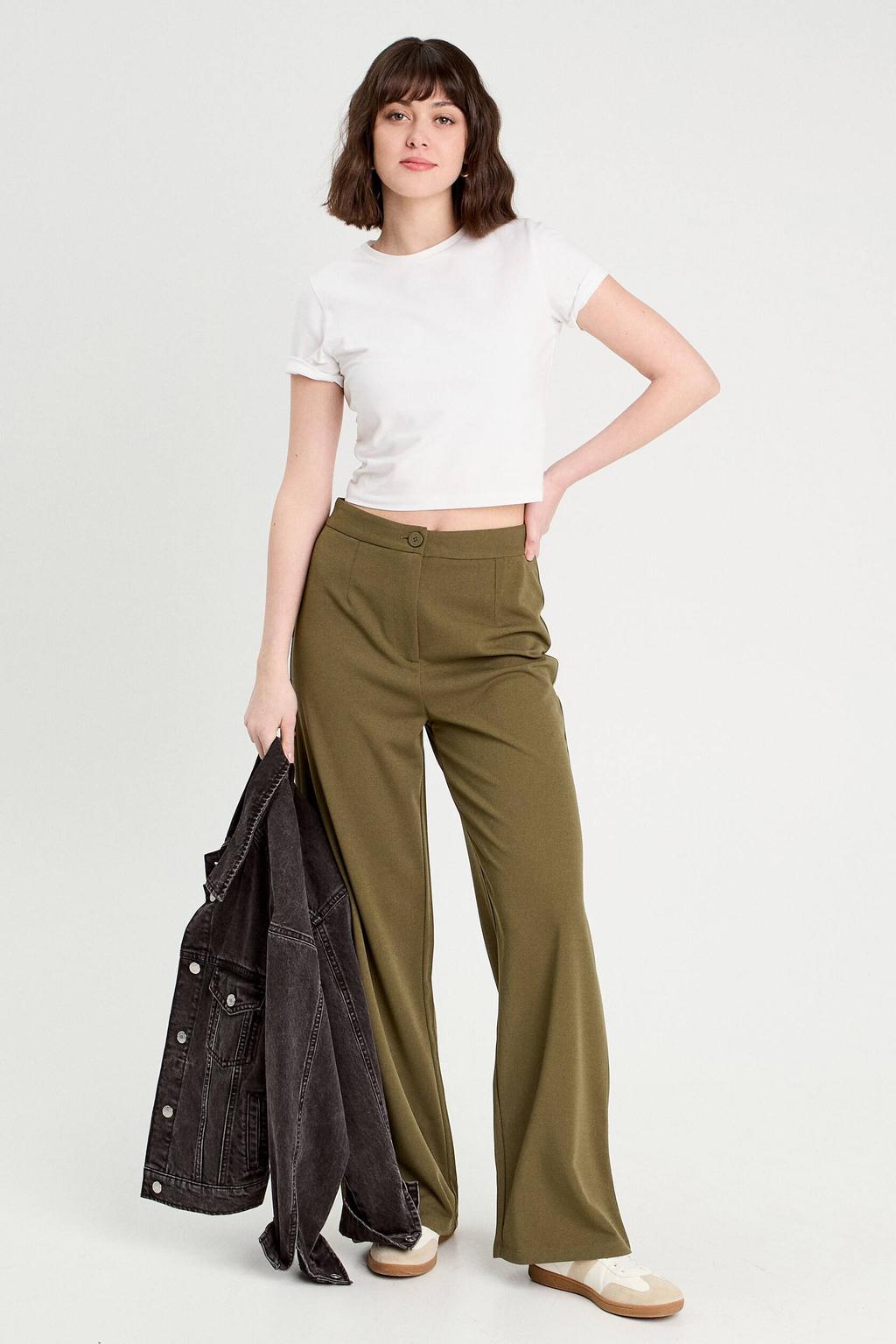 Kakikleurige dames Cache Cache wide leg high waist pantalon groen met rits- en knoopsluiting en effen