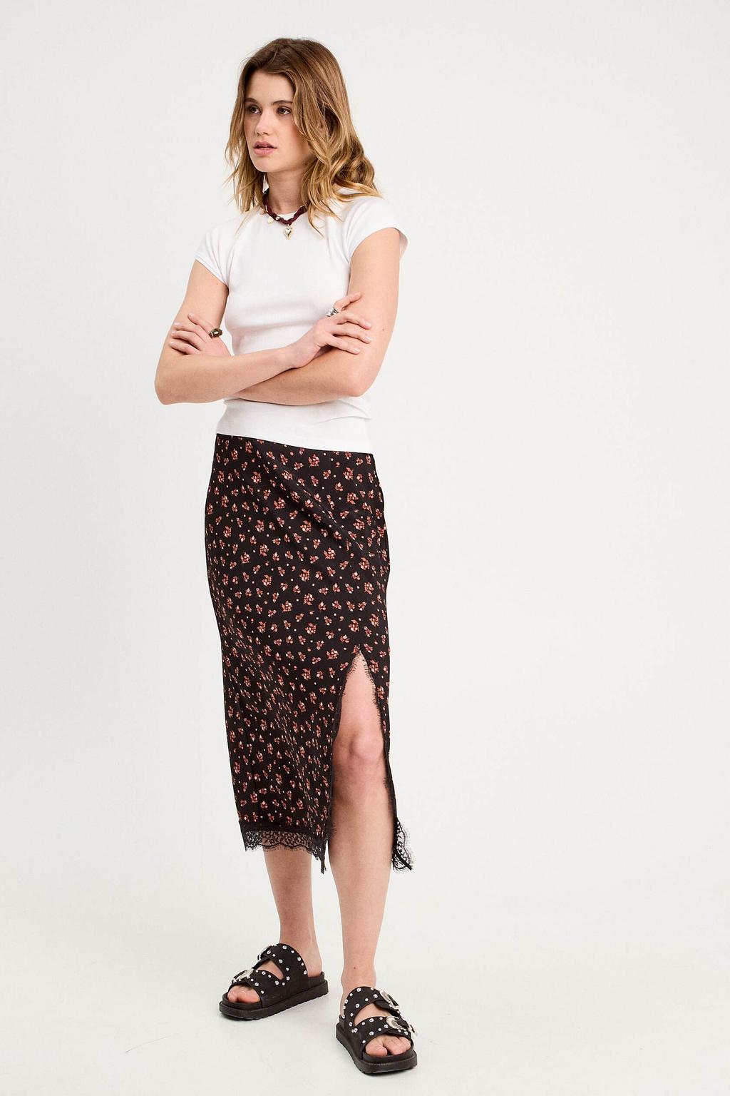 Zwart en oranje dames Cache Cache midi rok gemaakt van polyester