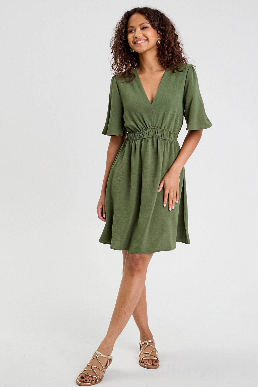 Donkergroene dames Cache Cache jurk van polyester met effen, korte mouwen, V-hals en plooien
