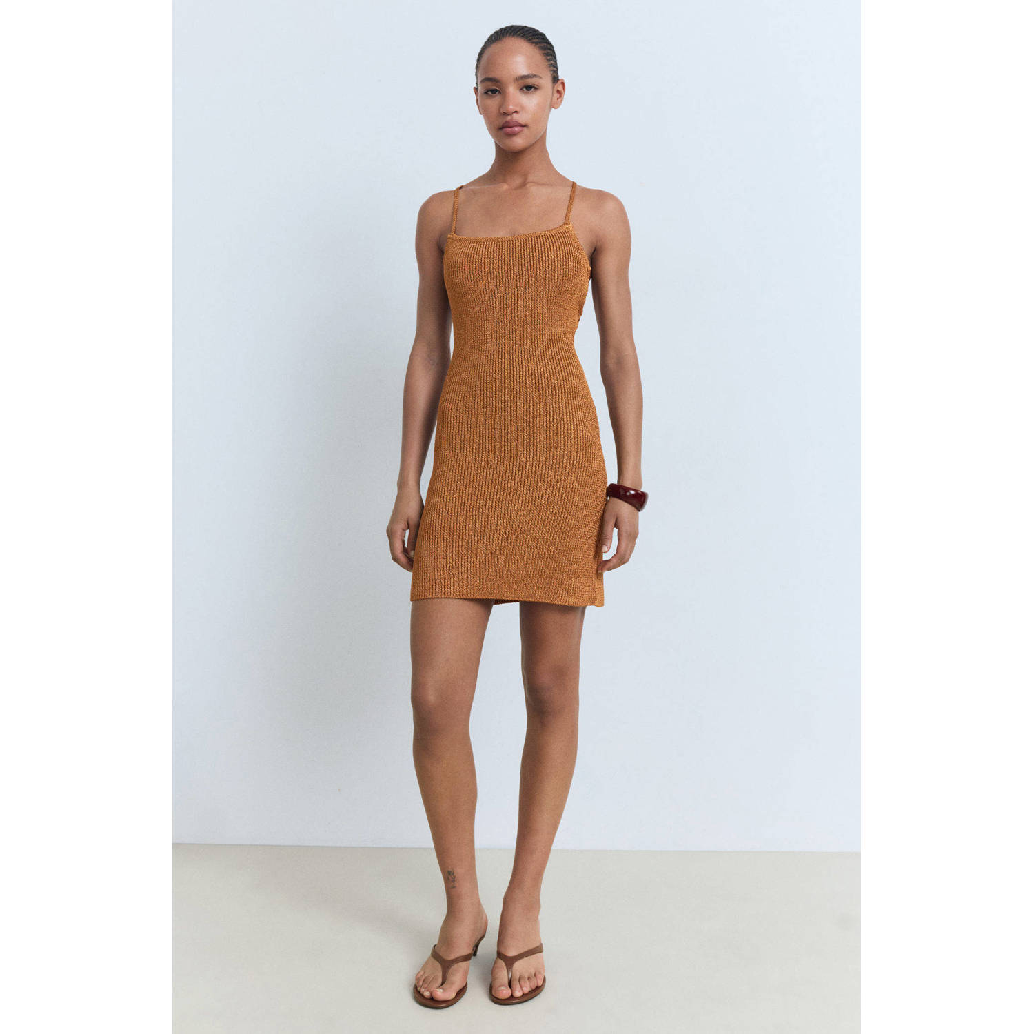 Mango korte jurk met lurex koper