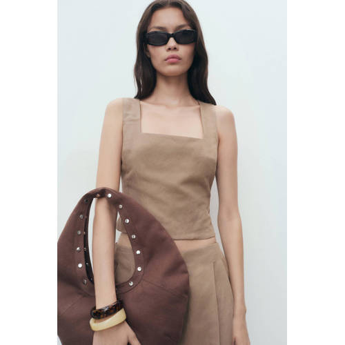 Mango cropped top met linnen beige afbeelding