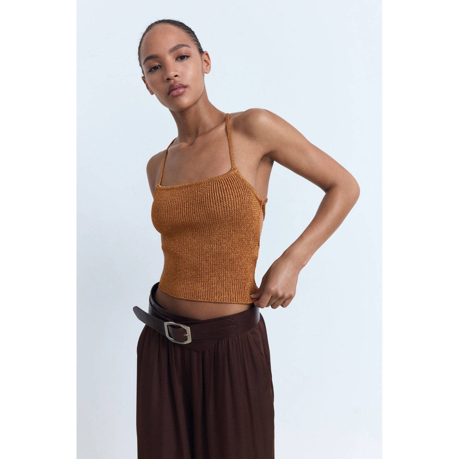 Mango mouwloze top bruin met lurex