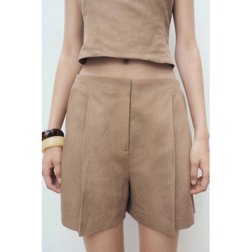 Mango regular waist chino short met linnen beige afbeelding