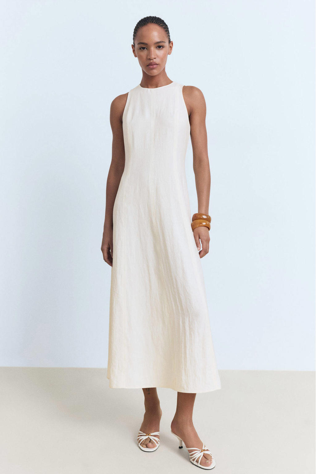 Ecru dames Mango midi jurk van viscose met effen, ronde hals en blinde ritssluiting