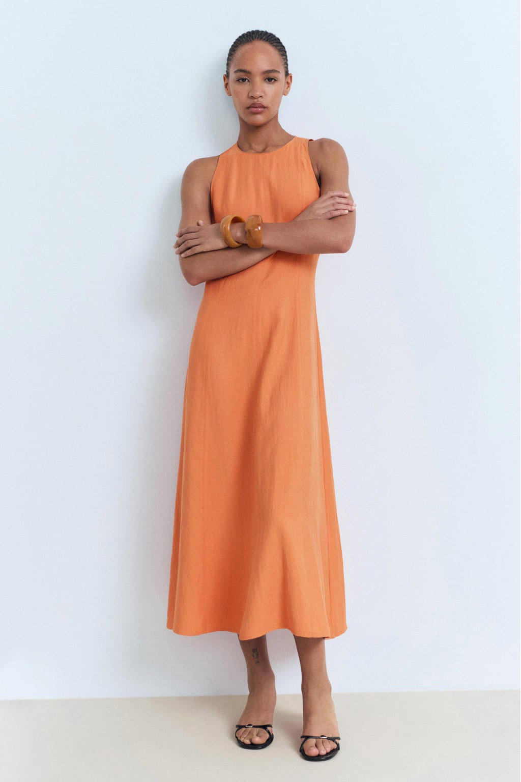 Oranje dames Mango midi jurk van viscose met effen, ronde hals en blinde ritssluiting