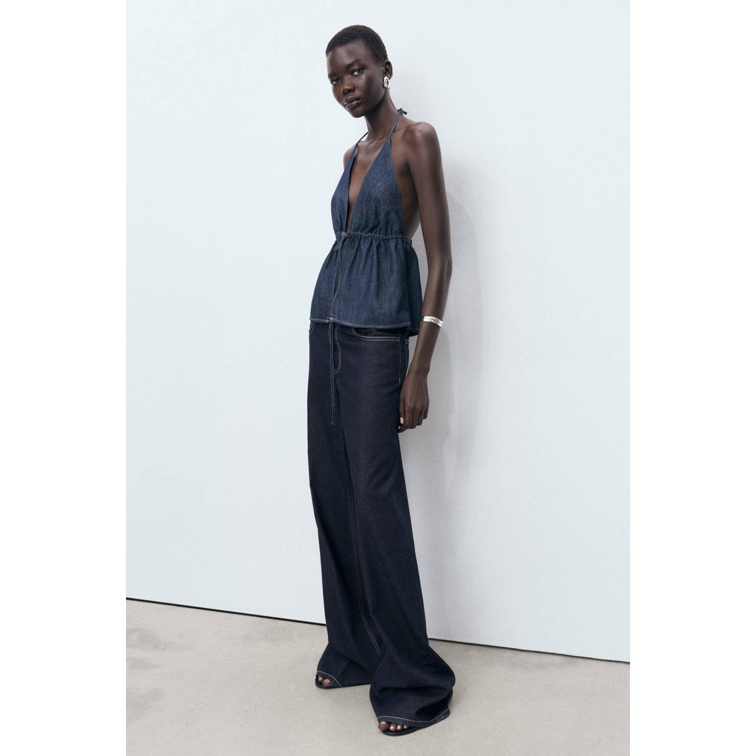 Mango high waist wide leg jeans dark blue denim