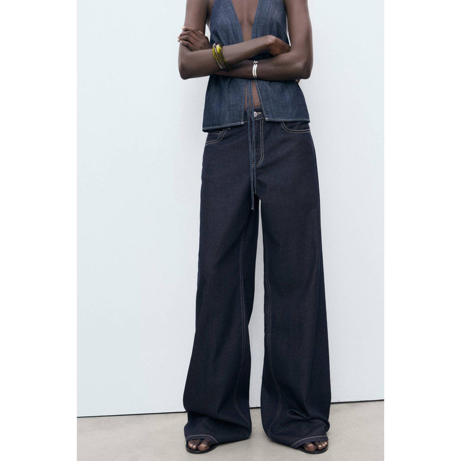 Mango high waist wide leg jeans dark blue denim