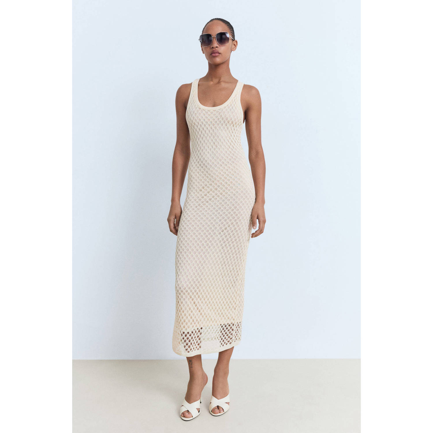 Mango midi jurk crochet ecru