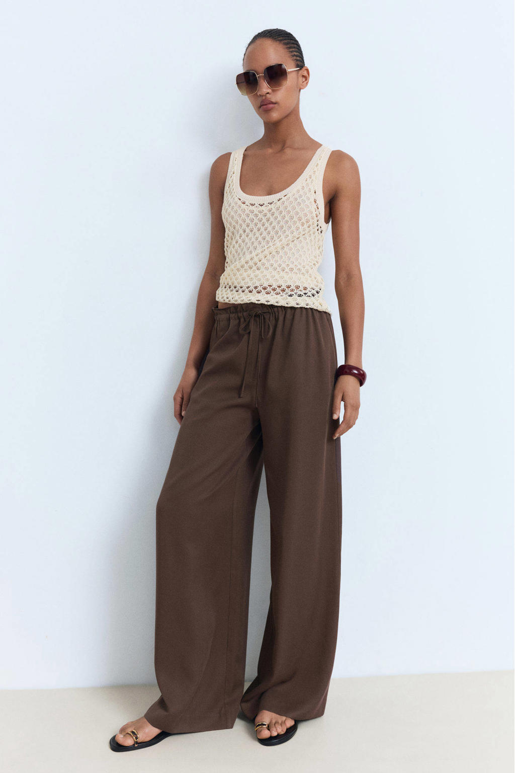 Bruine dames Mango wide leg regular waist broek van lyocell met effen