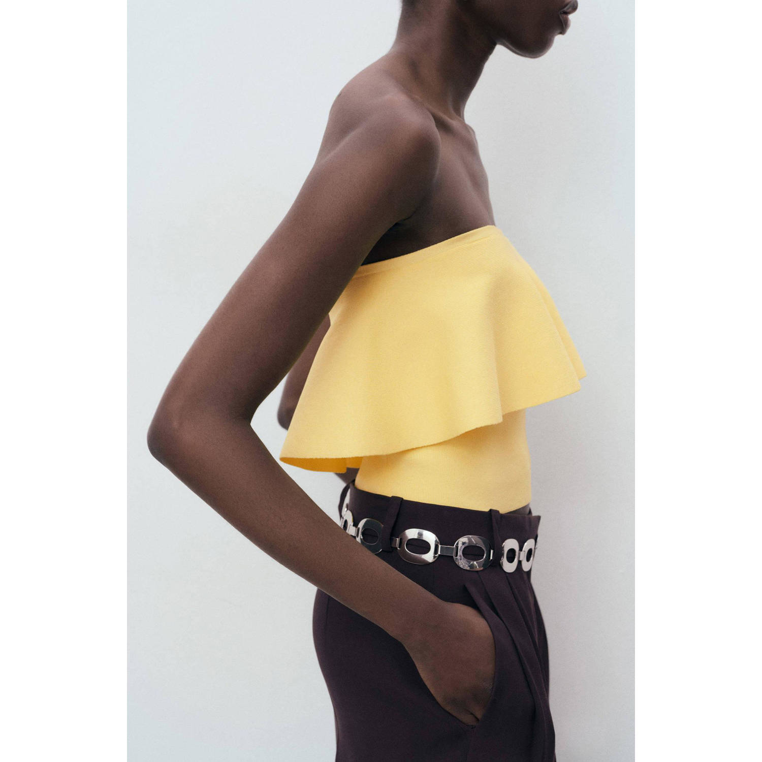 Mango strapless top geel fijn gebreid