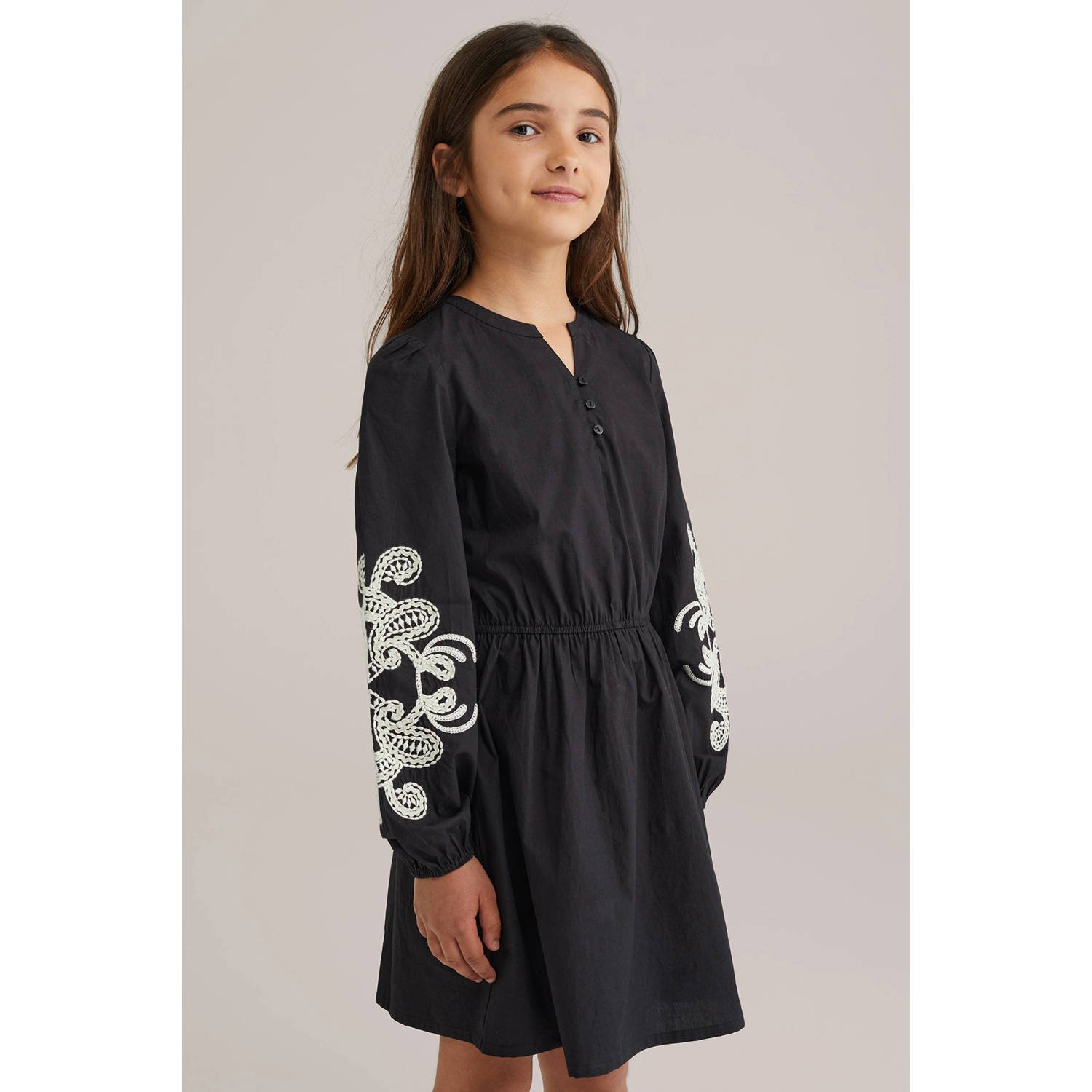 WE Fashion korte jurk broderie zwart ecru