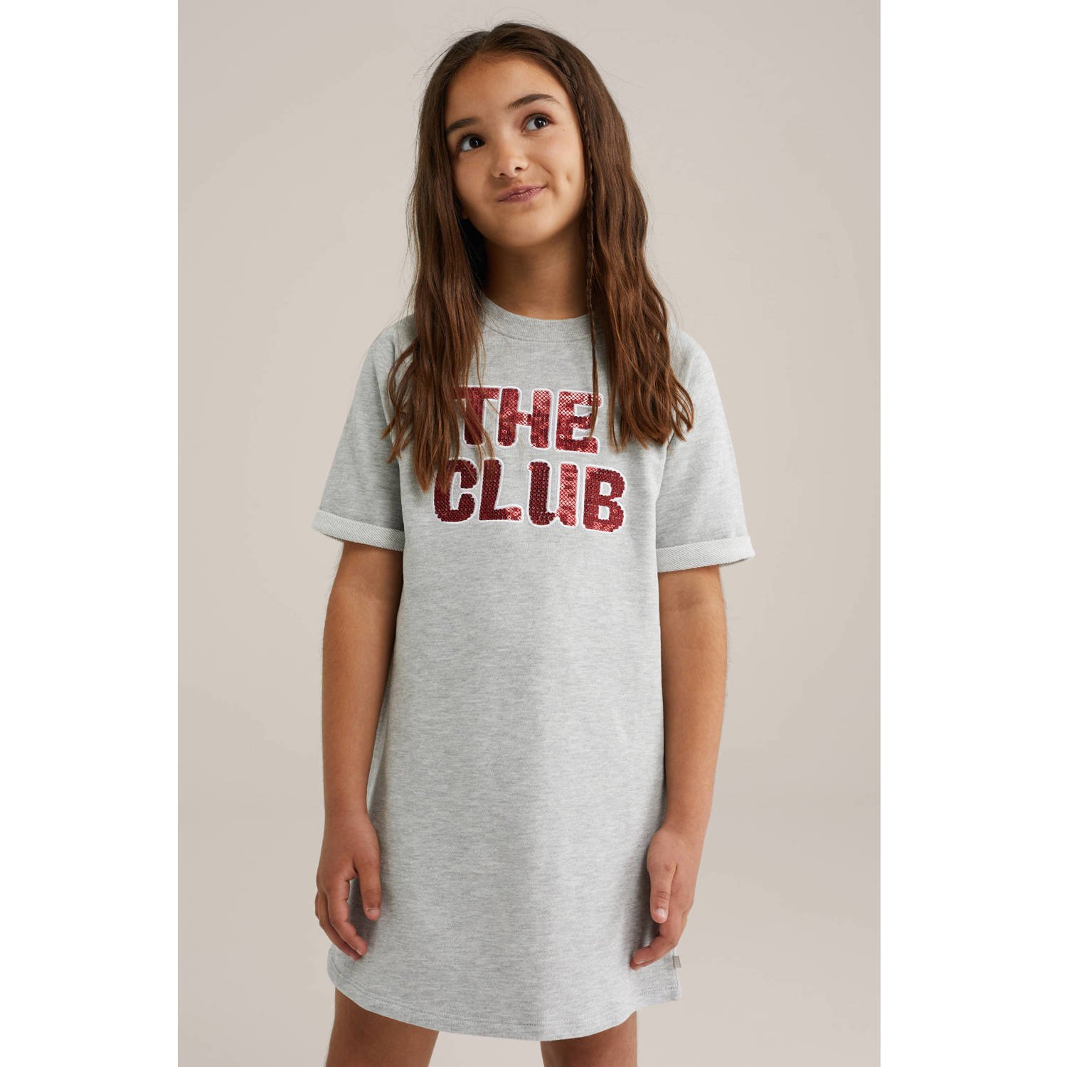 WE Fashion t-shirtjurk met pailletten grijs melange