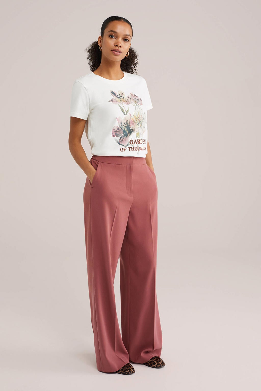 Wit en rode dames WE Fashion T-shirt van katoen met printopdruk, korte mouwen en ronde hals