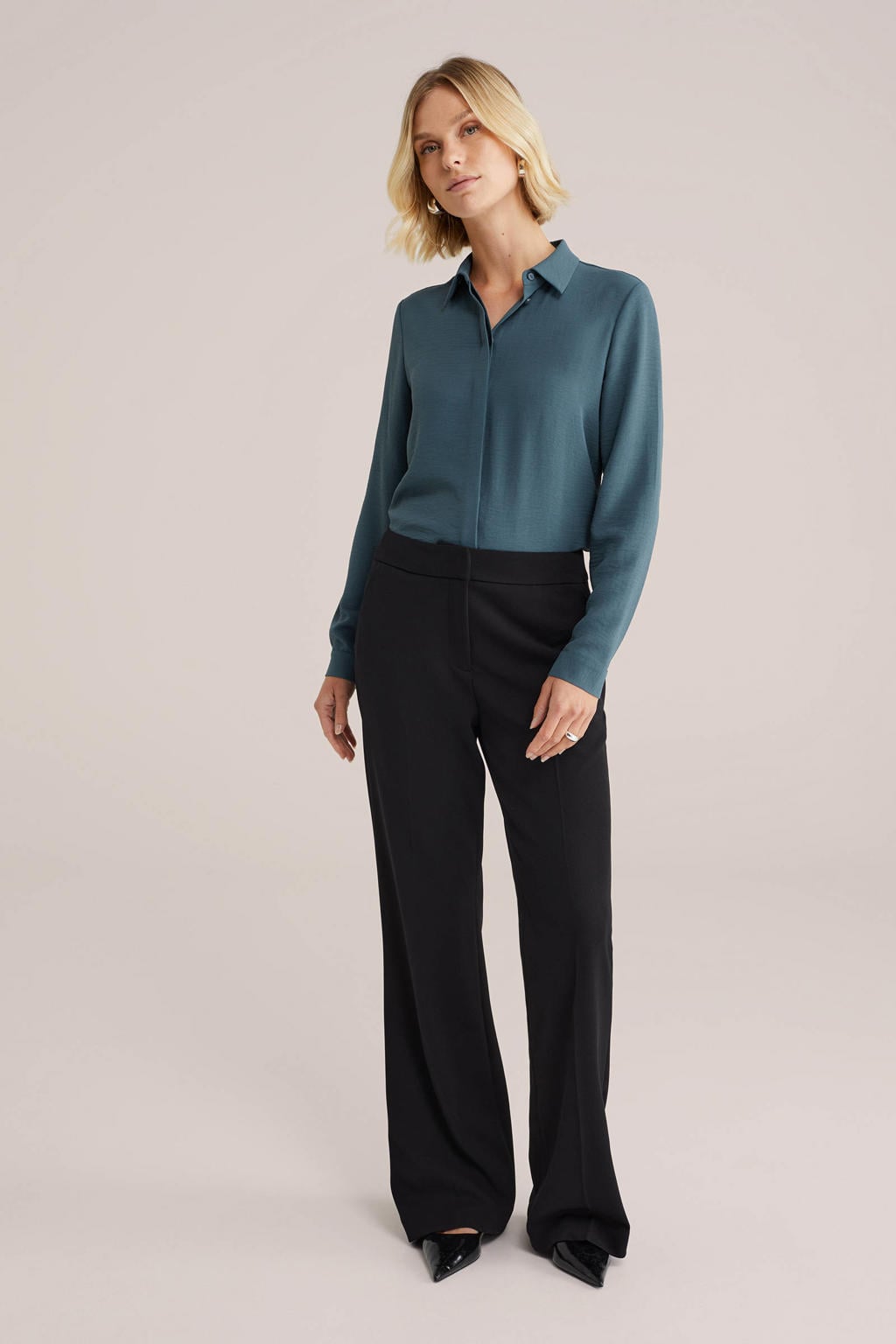 Petrolkleurige dames WE Fashion blouse van polyester met effen, lange mouwen, klassieke kraag en blinde knoopsluiting
