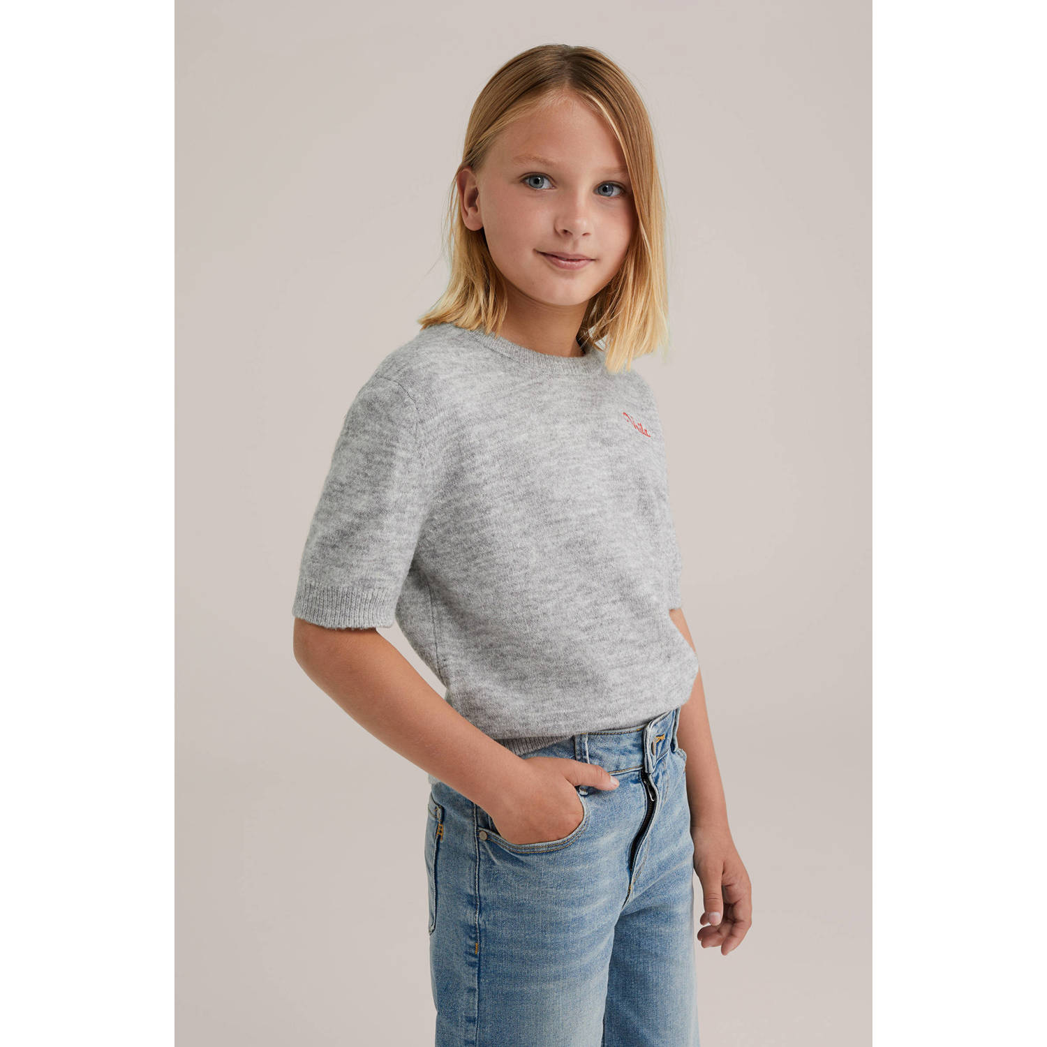 WE Fashion top grijs melange fijn gebreid