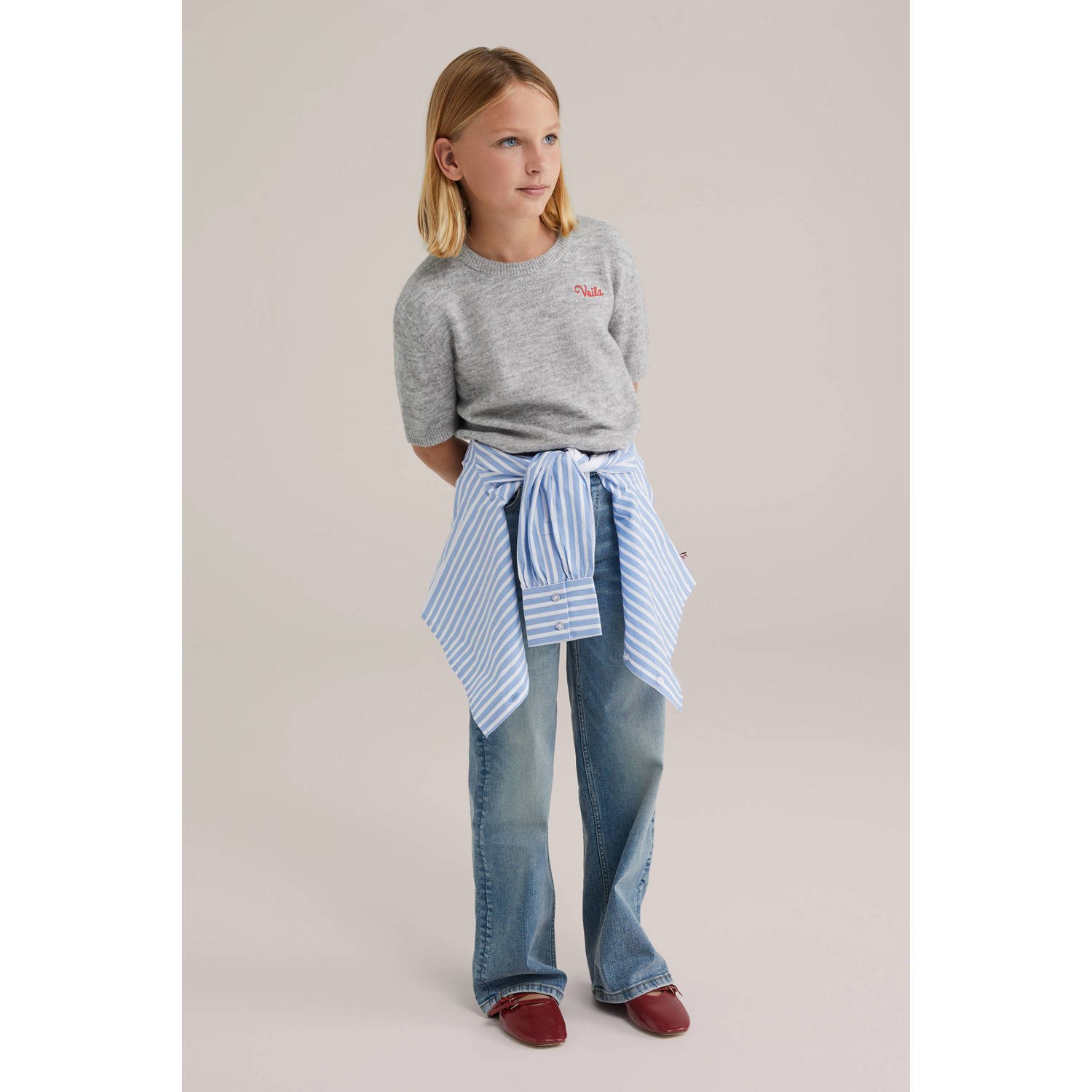WE Fashion top grijs melange fijn gebreid