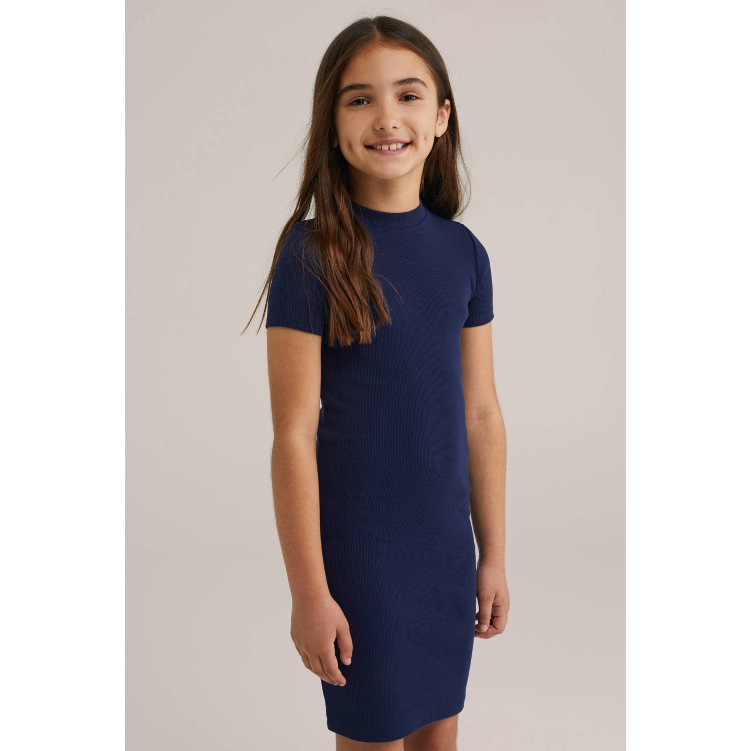 WE Fashion t-shirtjurk rib gebreid marine