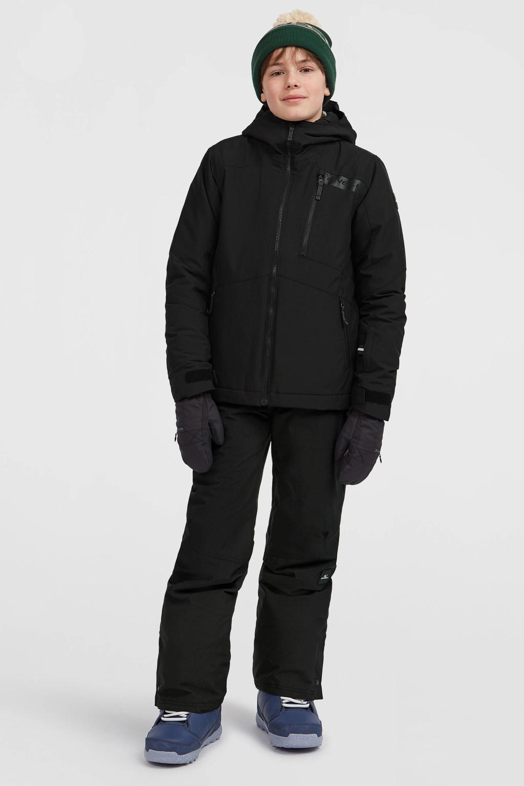 Zwarte jongens O'Neill ski-jas FWC'Cruz van polyester met effen, capuchon en rits met windvanger