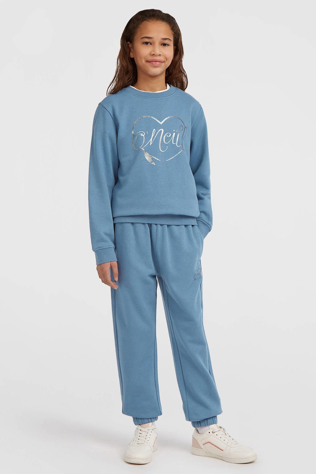 Blauwe meisjes O'Neill sweater met printopdruk, lange mouwen, ronde hals en geribde boorden