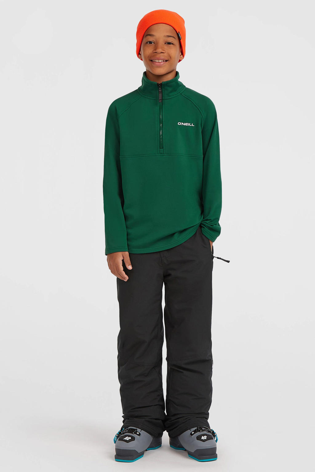 Donkergroene jongens O'Neill fleece sweater met effen, lange mouwen, opstaande kraag en halve rits