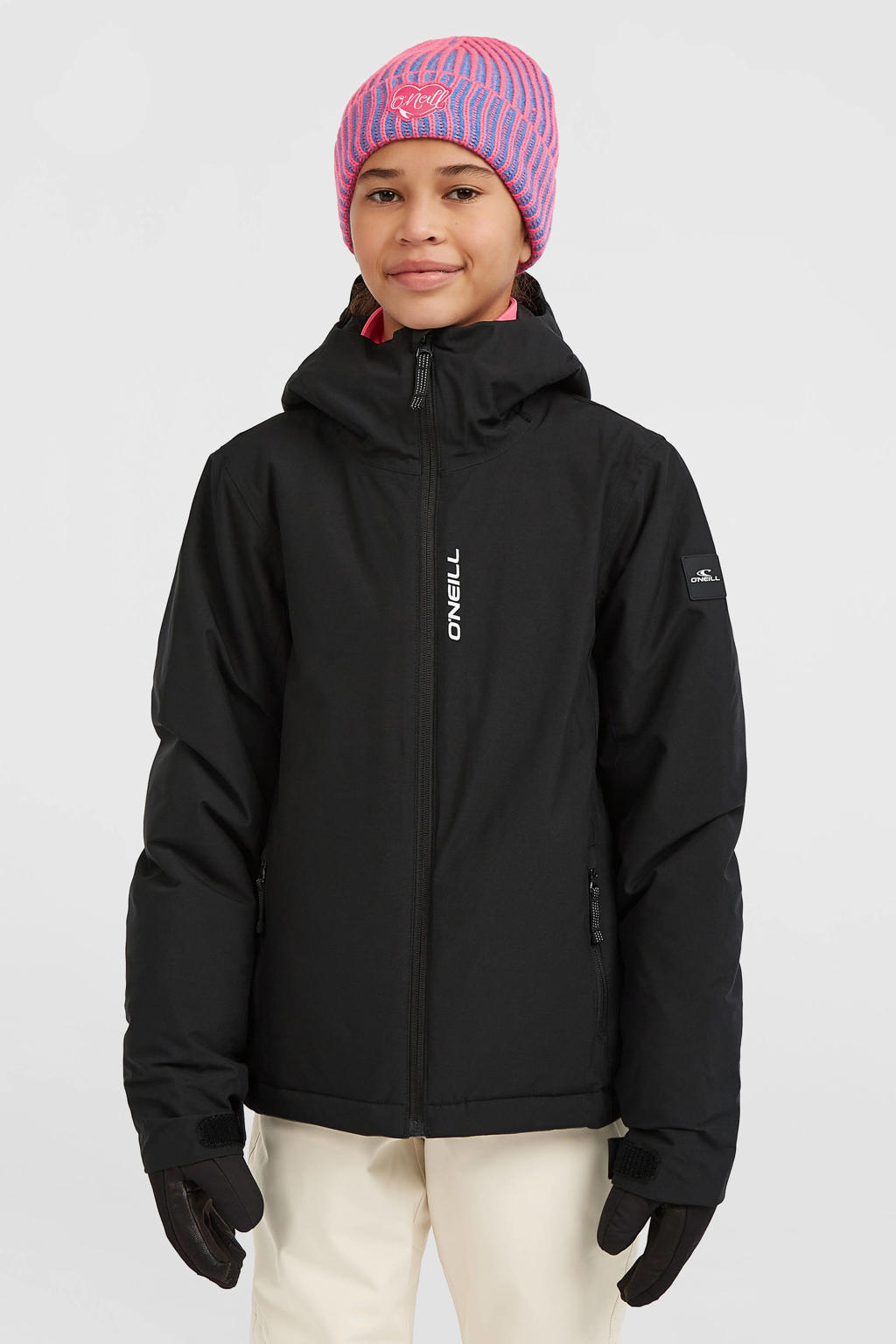 Zwarte meisjes O'Neill ski-jas FWC'Cruz van polyester met effen, capuchon en ritssluiting