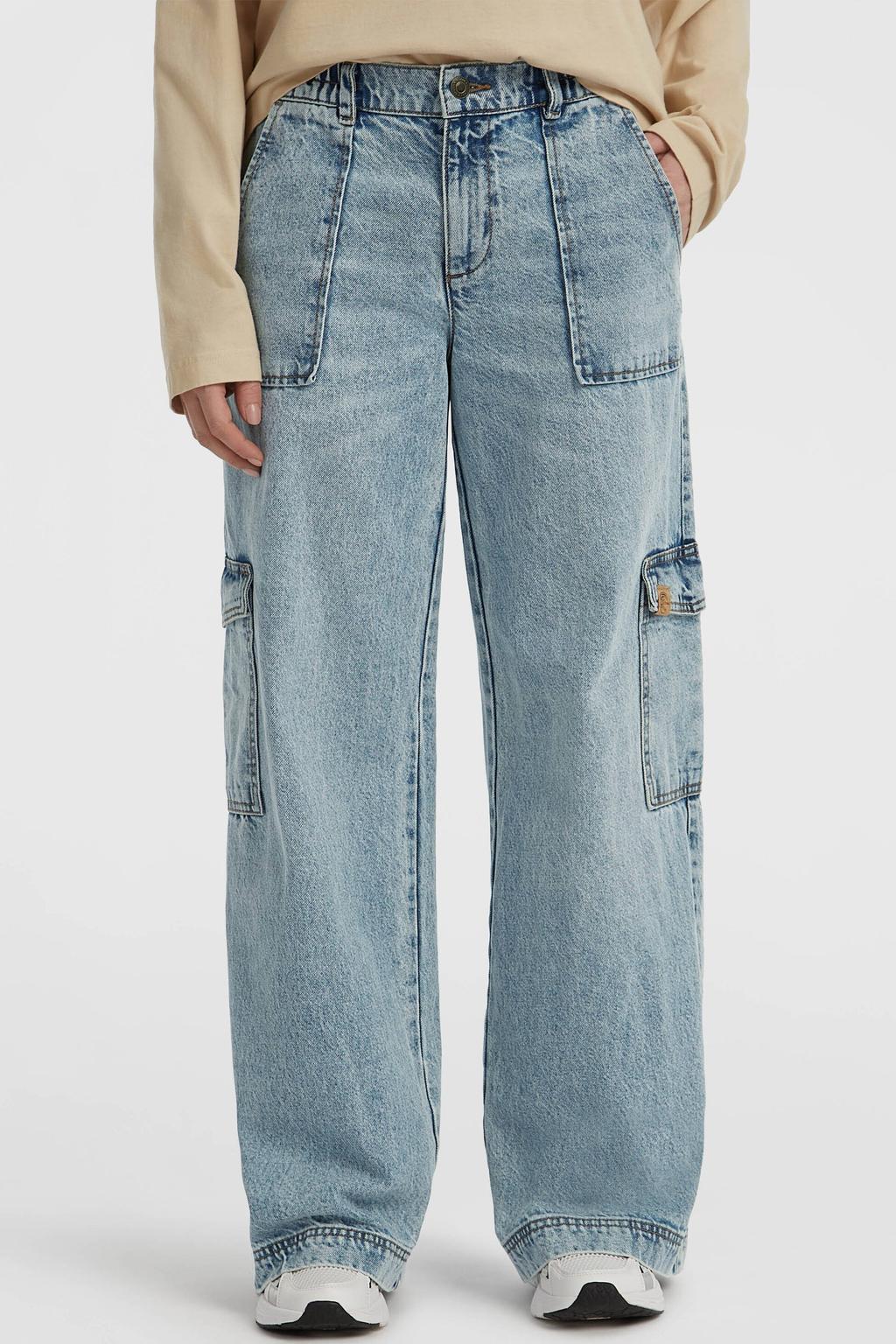Medium blue denim dames O'Neill wide leg jeans van denim met rits- en knoopsluiting en effen