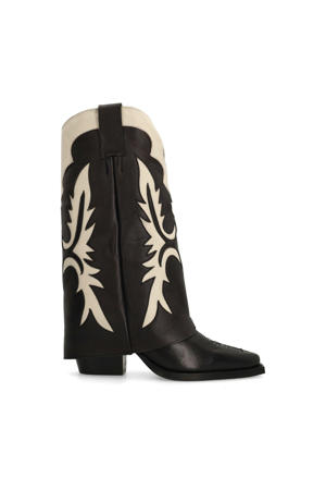 leren cowboylaarzen met flap zwart/ecru